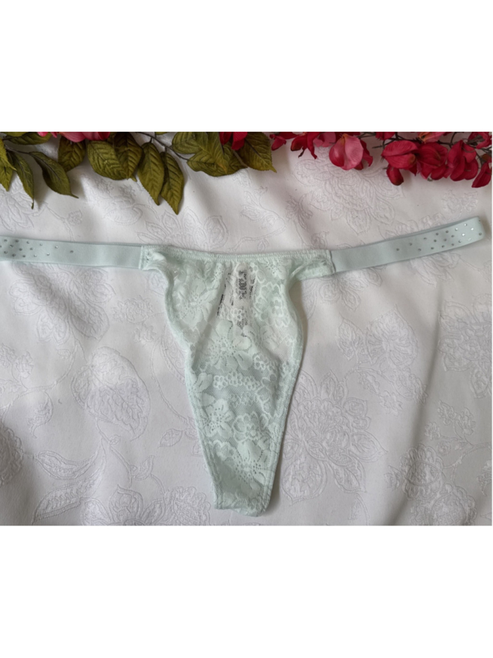 PINK VICTORIA'S SECRET XL AQUA BLUE LACE SHINE STRAP THONG STRING PANTIES NWT